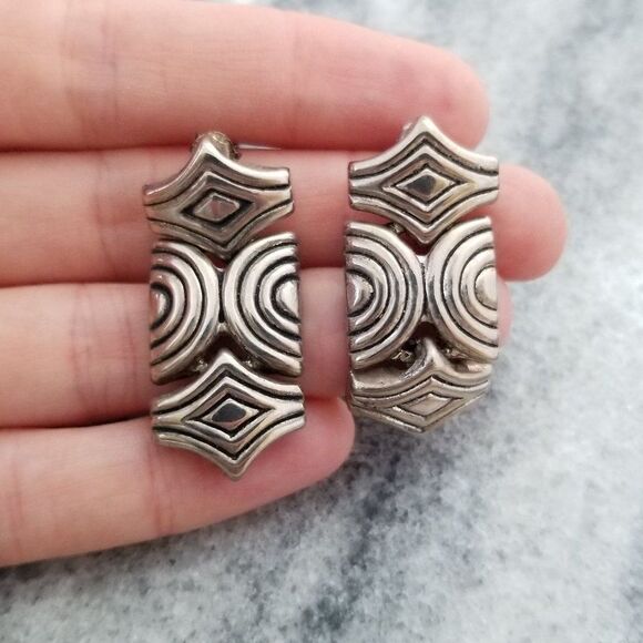 Vintage Funky Geometric Silver Tone Post Earrings, Dangle Drop Setting, Unsigned - Picture 2 of 5